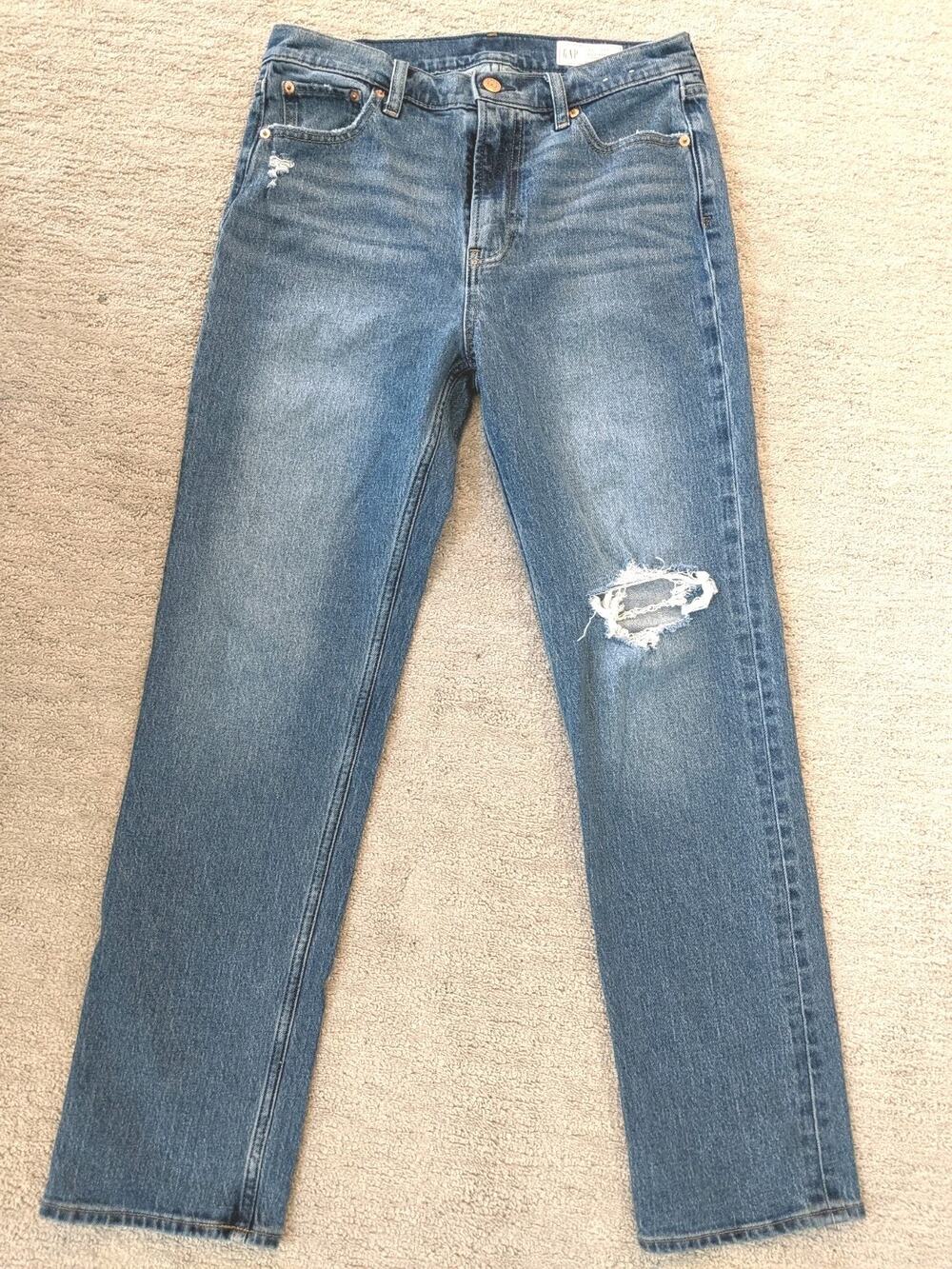 GAP 90s Straight High Rise Jeans Women's 30 10R Medium Indigo Distressed Ripped